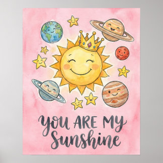 Watercolor "You Are My Sunshine" Cute Space Kids ポスター