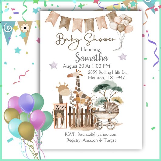Watercolor Zoo Animals Baby Shower Invitation 招待状