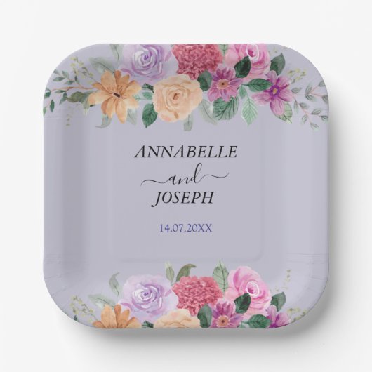 watercolors Florals Modern Botanical Wedding ペーパープレート (正面)