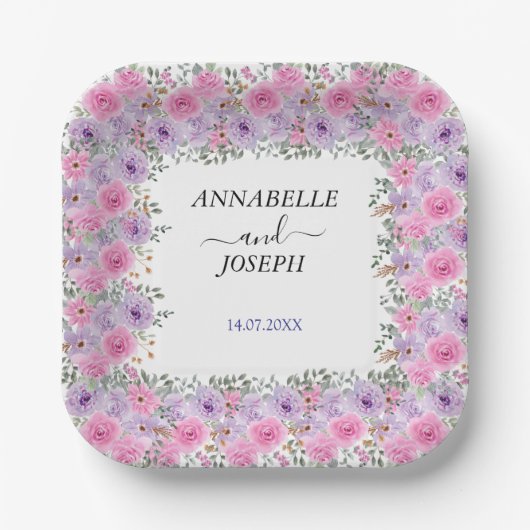 watercolors Florals Modern Botanical Wedding ペーパープレート (正面)