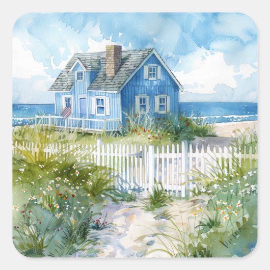 Watercolour Beach Cottage スクエアシール (正面)