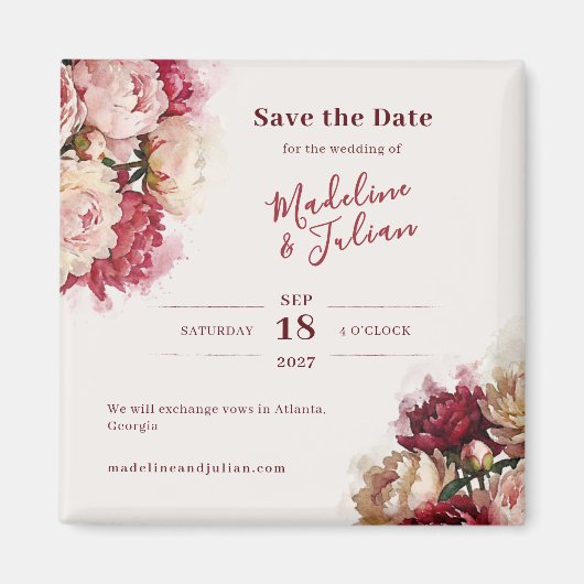 Watercolour Blooms | Peony Save the Date マグネット (正面)