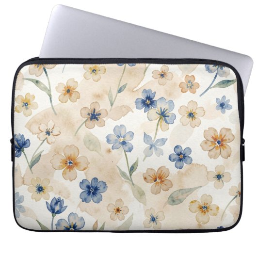 Watercolour Blue and Yellow Floral  ラップトップスリーブ (正面)