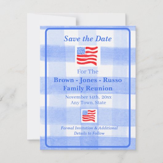 Watercolour Blue Check USA Flag SAVE THE DATE セーブザデート (正面)