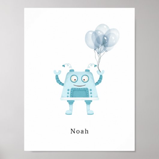 Watercolour Blue Robot With Balloons Name Poster ポスター (正面)