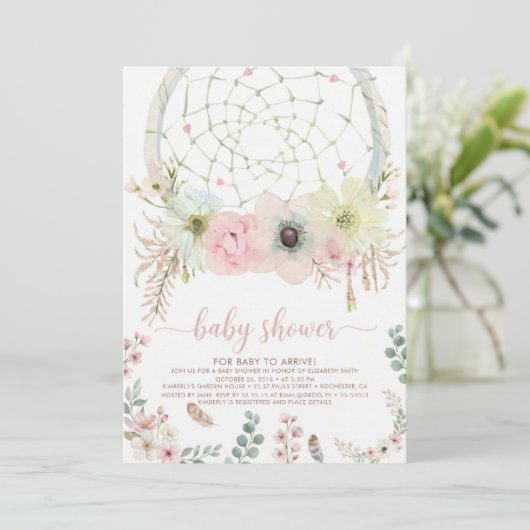 watercolour Boho flower Dreamcatcher Baby Shower 招待状 (スタンド正面)