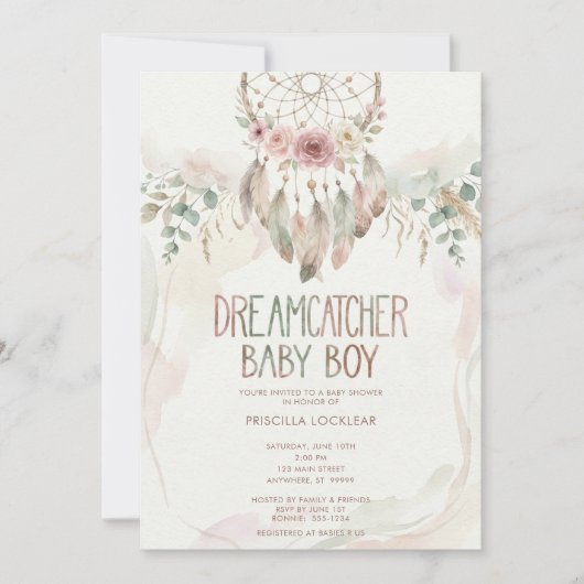 watercolour Boho flower Dreamcatcher Baby Shower 招待状 (正面)