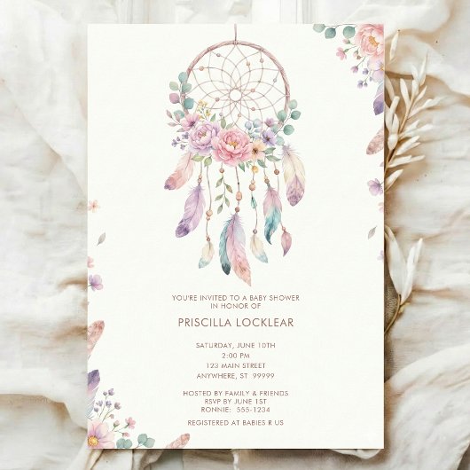 watercolour Boho flower Dreamcatcher Baby Shower 招待状