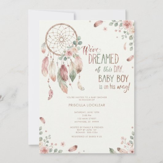 watercolour Boho flower Dreamcatcher Baby Shower 招待状 (正面)