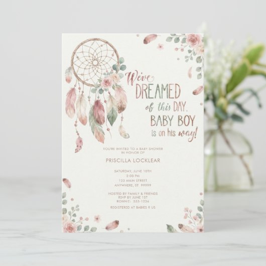 watercolour Boho flower Dreamcatcher Baby Shower 招待状 (スタンド正面)