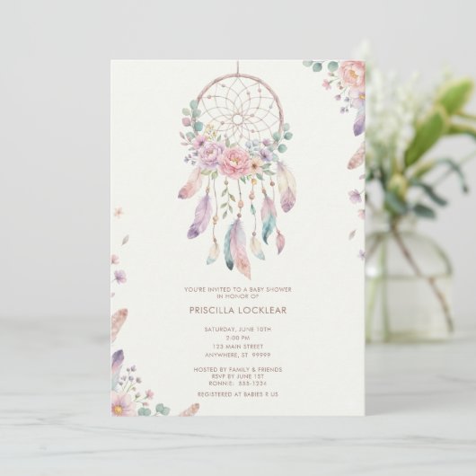 watercolour Boho flower Dreamcatcher Baby Shower 招待状 (スタンド正面)