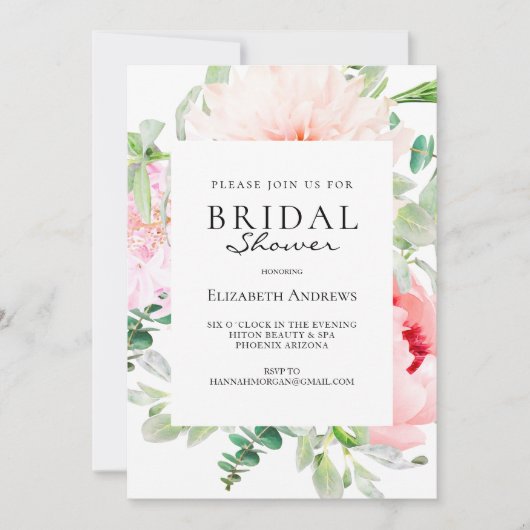 Watercolour Botanical Spring Bridal Shower 招待状 (正面)