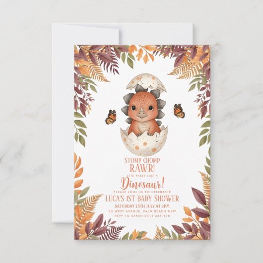watercolour butterfly Dinosaur Baby Shower 招待状 (正面)