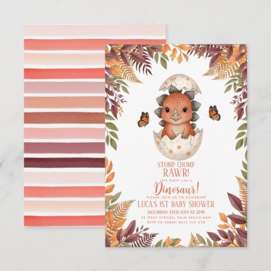 watercolour butterfly Dinosaur Baby Shower 招待状 (正面/裏面)
