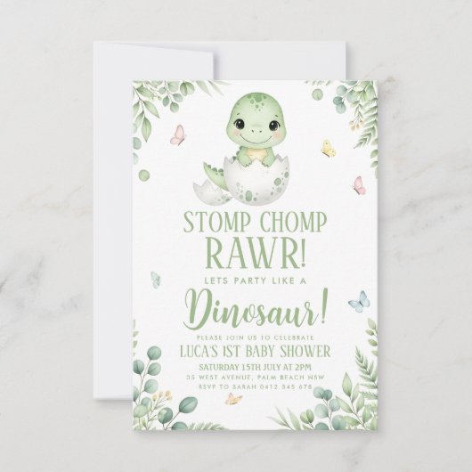 watercolour butterfly Dinosaur Baby Shower 招待状 (正面)