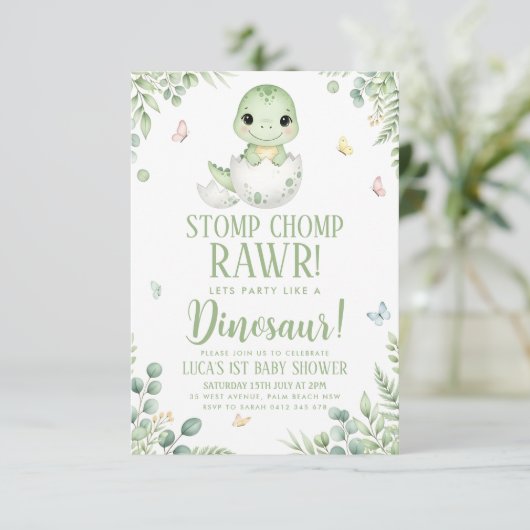 watercolour butterfly Dinosaur Baby Shower 招待状 (スタンド正面)