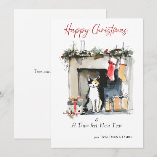 Watercolour Cat-themed Sketch Christmas Card 招待状 (正面/裏面)