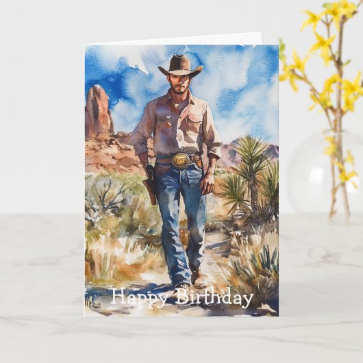 Watercolour Cowboy in Desert カード (黄色い花)