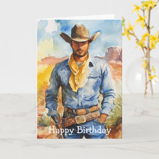 Watercolour Cowboy in Desert カード (黄色い花)
