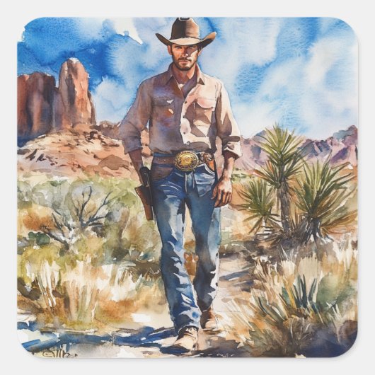 Watercolour Cowboy in Desert スクエアシール (正面)