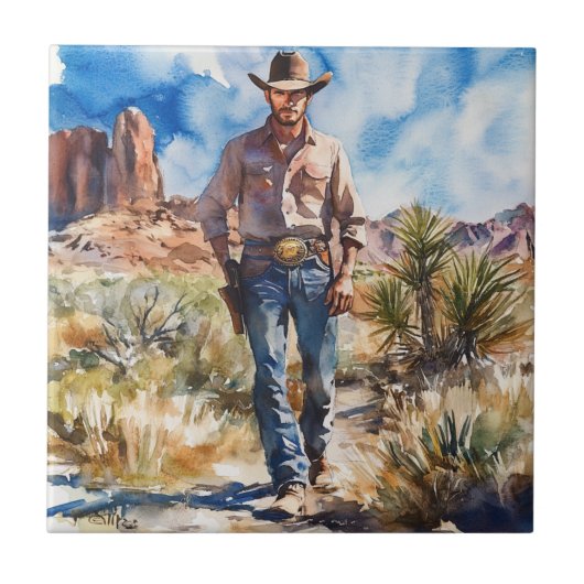 Watercolour Cowboy in Desert タイル (正面)