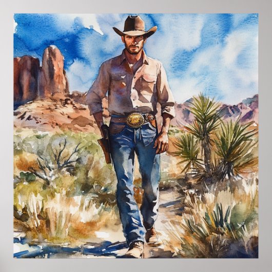 Watercolour Cowboy in Desert ポスター (正面)