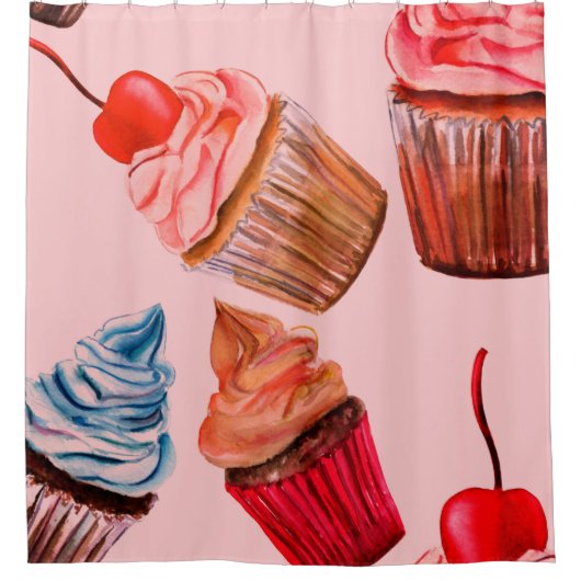 Watercolour cupcakes seamless background pattern, シャワーカーテン (正面)