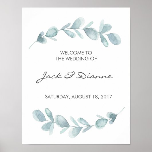 Watercolour Eucalyptus Wedding Welcome Sign ポスター (正面)