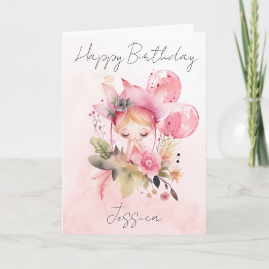 Watercolour Floral Fairy Birthday Card カード (正面)