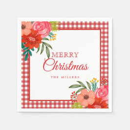Watercolour Flowers Red Gingham Rustic Christmas スタンダードカクテルナプキン