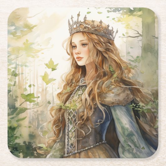 Watercolour Forest Princess スクエアペーパーコースター (正面)