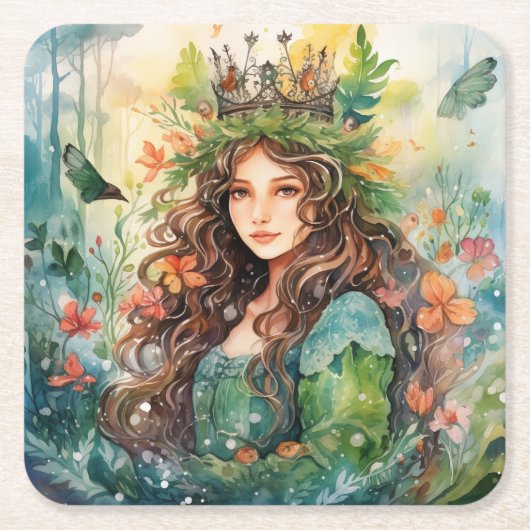 Watercolour Forest Princess スクエアペーパーコースター (正面)