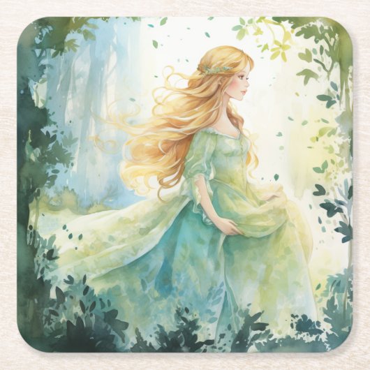 Watercolour Forest Princess スクエアペーパーコースター (正面)