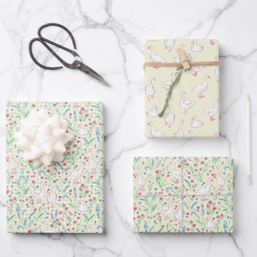 Watercolour Geese and Wildflowers ラッピングペーパーシート (正面)