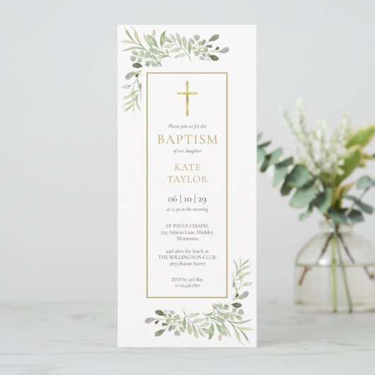 Watercolour Greenery Baptism Christening 招待状 (スタンド正面)