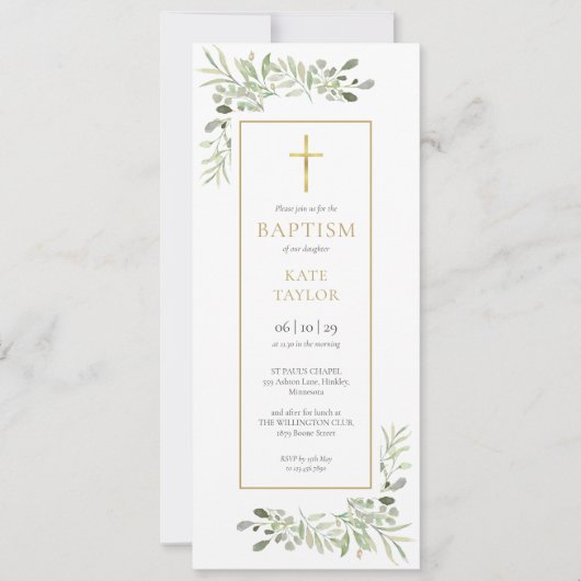 Watercolour Greenery Baptism Christening 招待状 (正面)