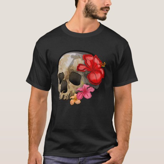 Watercolour hippie gothic skull hibiscus floral Ha Tシャツ (正面)