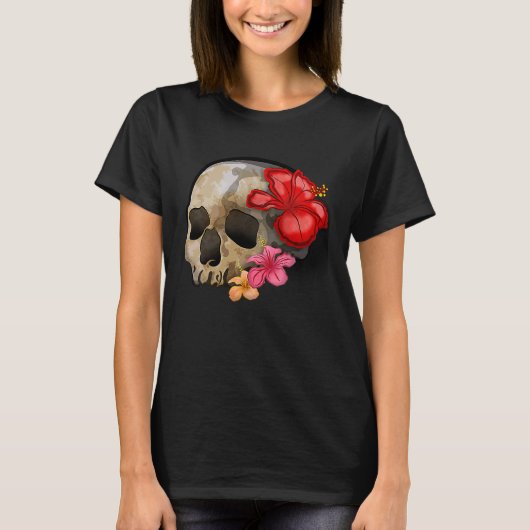 Watercolour hippie gothic skull hibiscus floral Ha Tシャツ (正面)