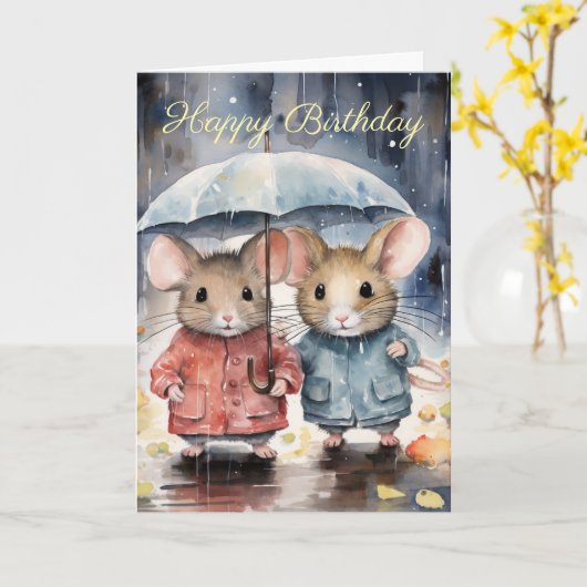 Watercolour Mice in The Rain カード (黄色い花)
