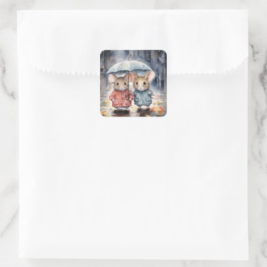 Watercolour Mice in The Rain スクエアシール (バッグ)
