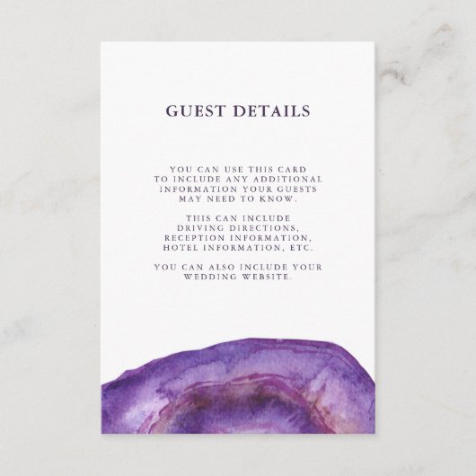Watercolour Purple Geode Wedding Guest Details エンクロージャーカード (正面)