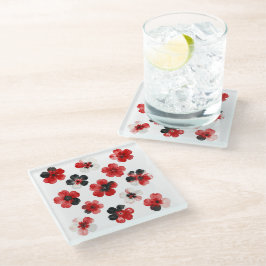 Watercolour Red Black White Floral  ガラスコースター