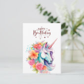 Watercolour Unicorn Floral Happy Birthday PostCard ポストカード (スタンド正面)