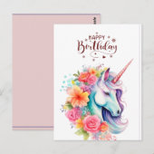 Watercolour Unicorn Floral Happy Birthday PostCard ポストカード (正面/裏面)