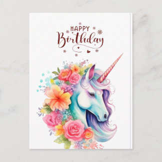 Watercolour Unicorn Floral Happy Birthday PostCard ポストカード