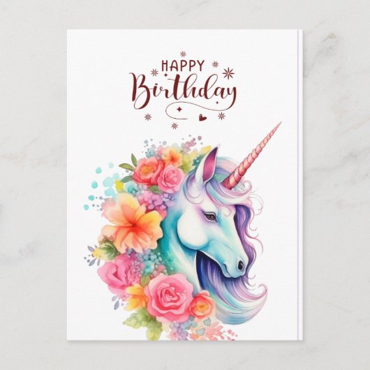 Watercolour Unicorn Floral Happy Birthday PostCard ポストカード (正面)