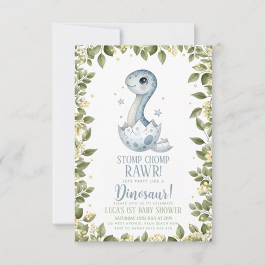 watercolour wildflower Dinosaur Baby Shower 招待状 (正面)