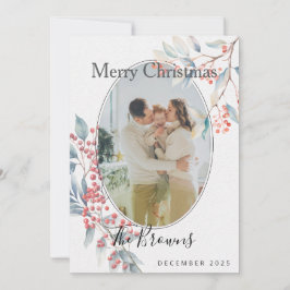 Watercolour Winter Berries Photo Christmas Card 招待状