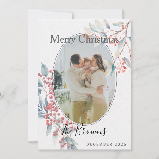Watercolour Winter Berries Photo Christmas Card 招待状 (正面)