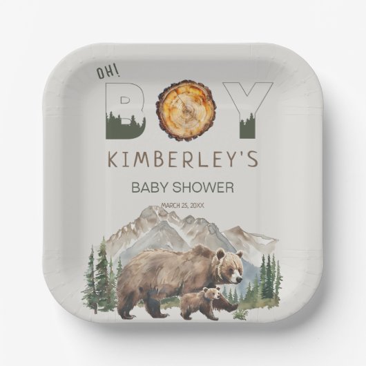 Watercolour Woodland  Oh Boy Bear Baby Shower ペーパープレート (正面)